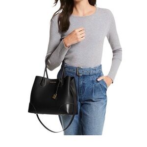 Michael Kors Black Leather Shopper Tote with Gold Hardware